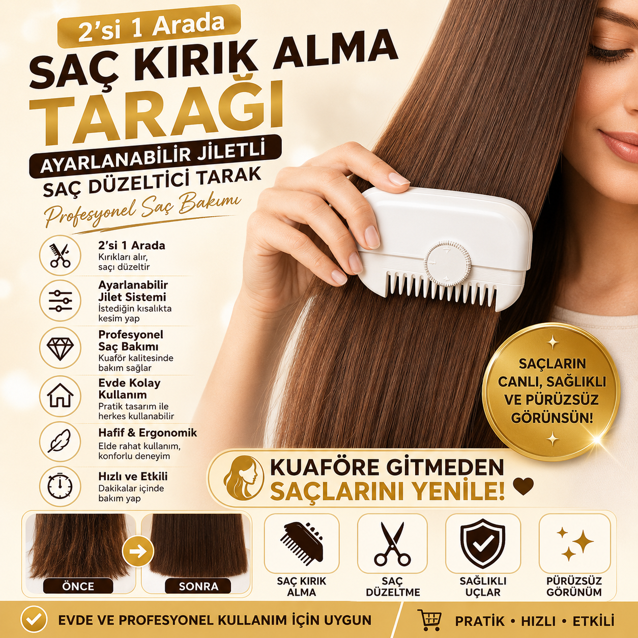 SaçLiva Pro 2’si 1 Arada Saç Kırık Alma Tarağı